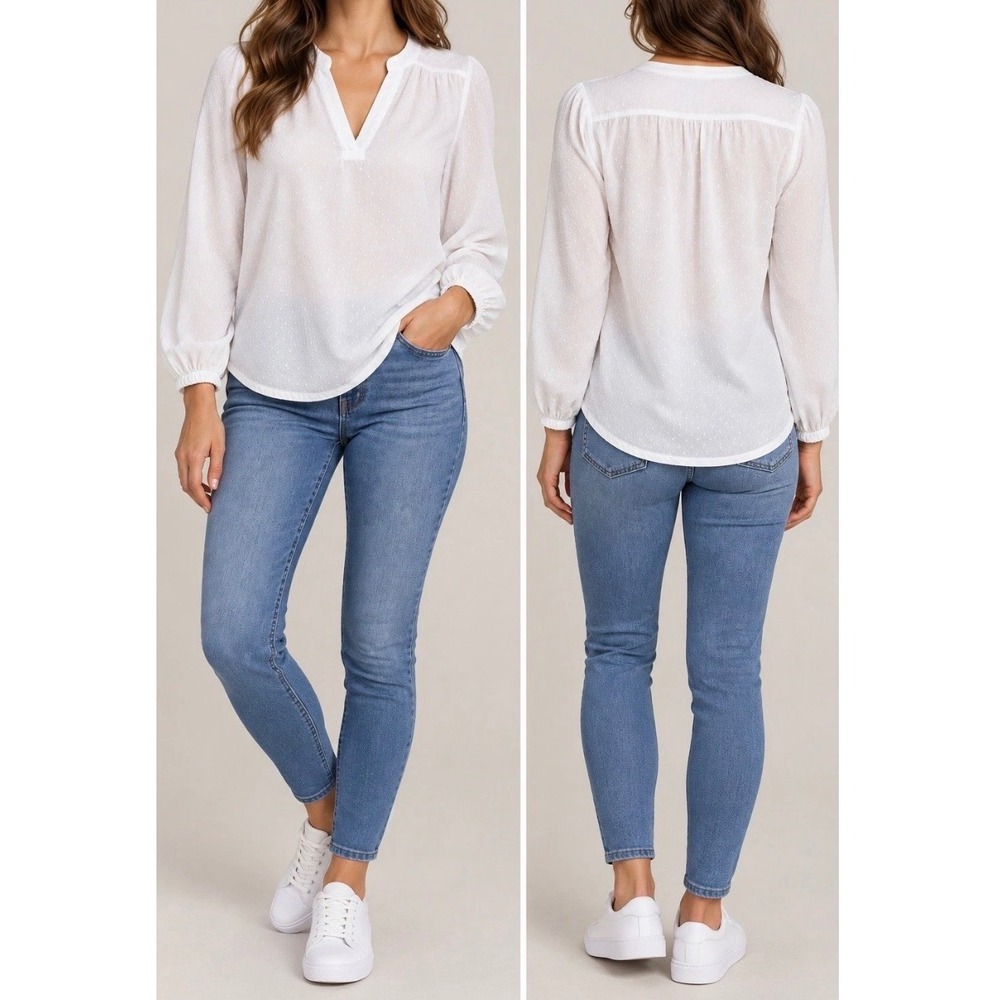 Weatherproof Vintage White Clip Dot V-Neck Blouse Cottagecore Top Women •M• Boho